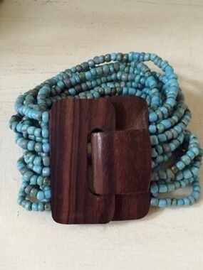 BOHO Handmade Boutique Turquoise Multi-strand Bead Cuff Bracelet with Wood Clasp
